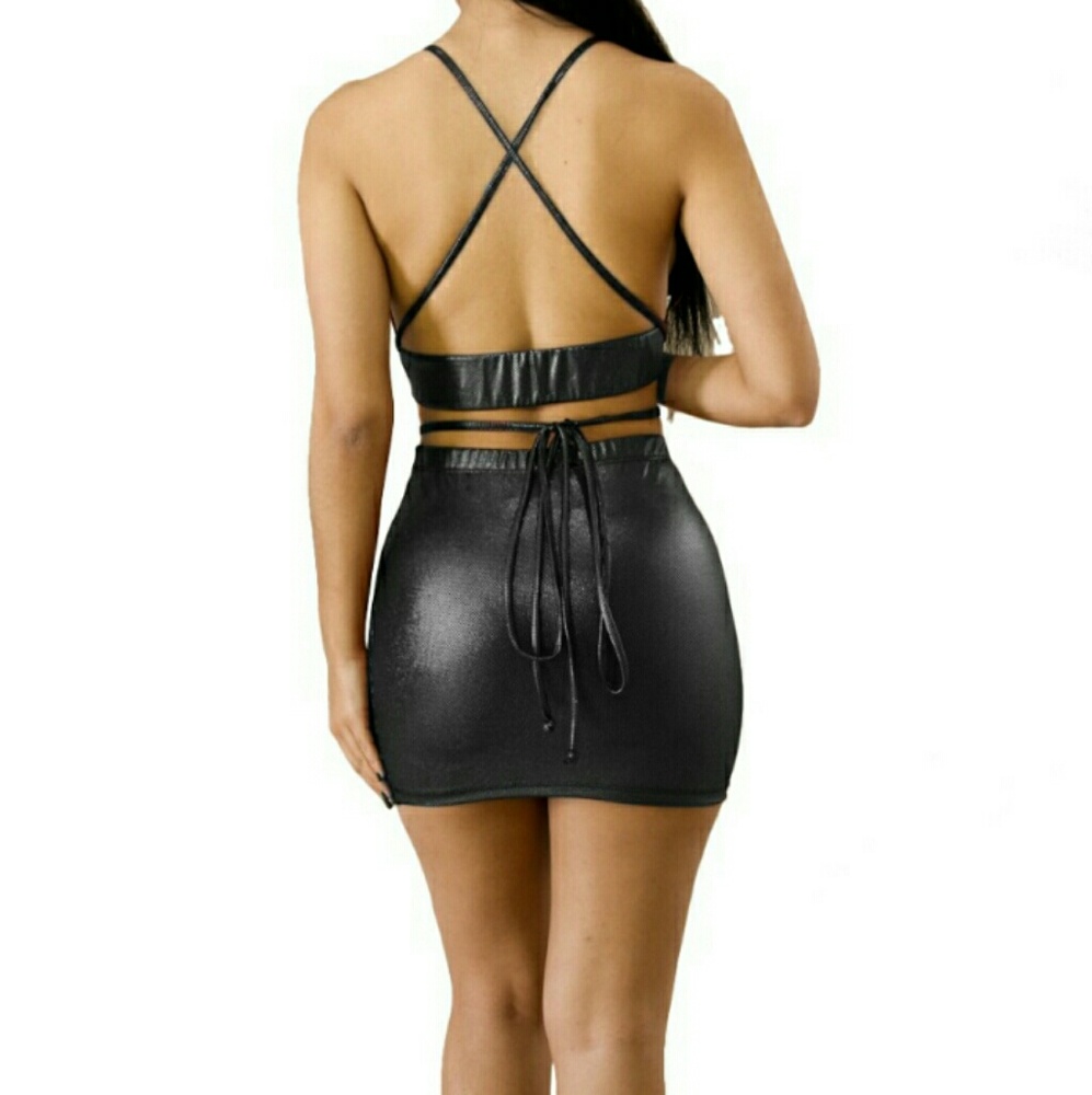 PU Strappy Solid Color Sexy Two-Piece Set - Picture 4 of 7